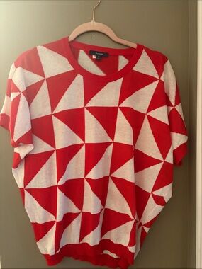 Faconnable Red & White Geometric Short Sleeve Sweater